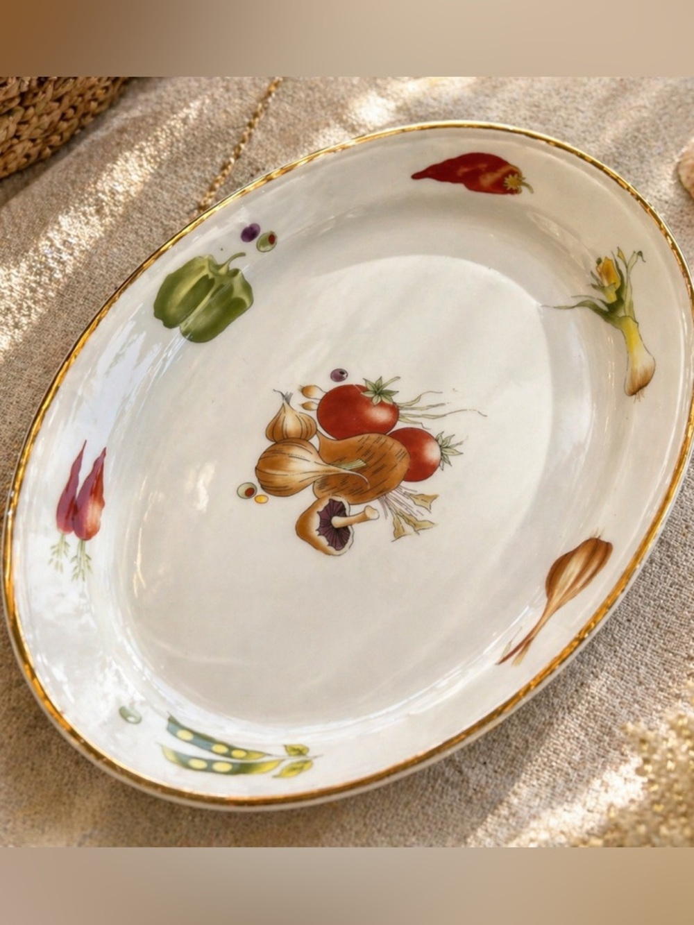Vintage French Serving Dish “Le Faune” Vegetable Motif Gold Rim Made in France